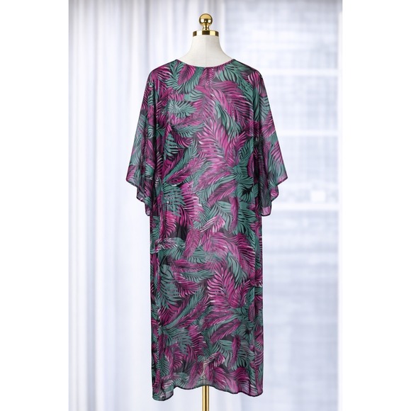 Kimono Maxi Duster Sheer Cardigan Open Front Palm Tropical Beach Oversized Small - Picture 3 of 9